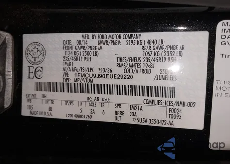 2014 Ford Escape Titanium z USA, uszkodzony, nr VIN 1FMCU9J90EUE29220